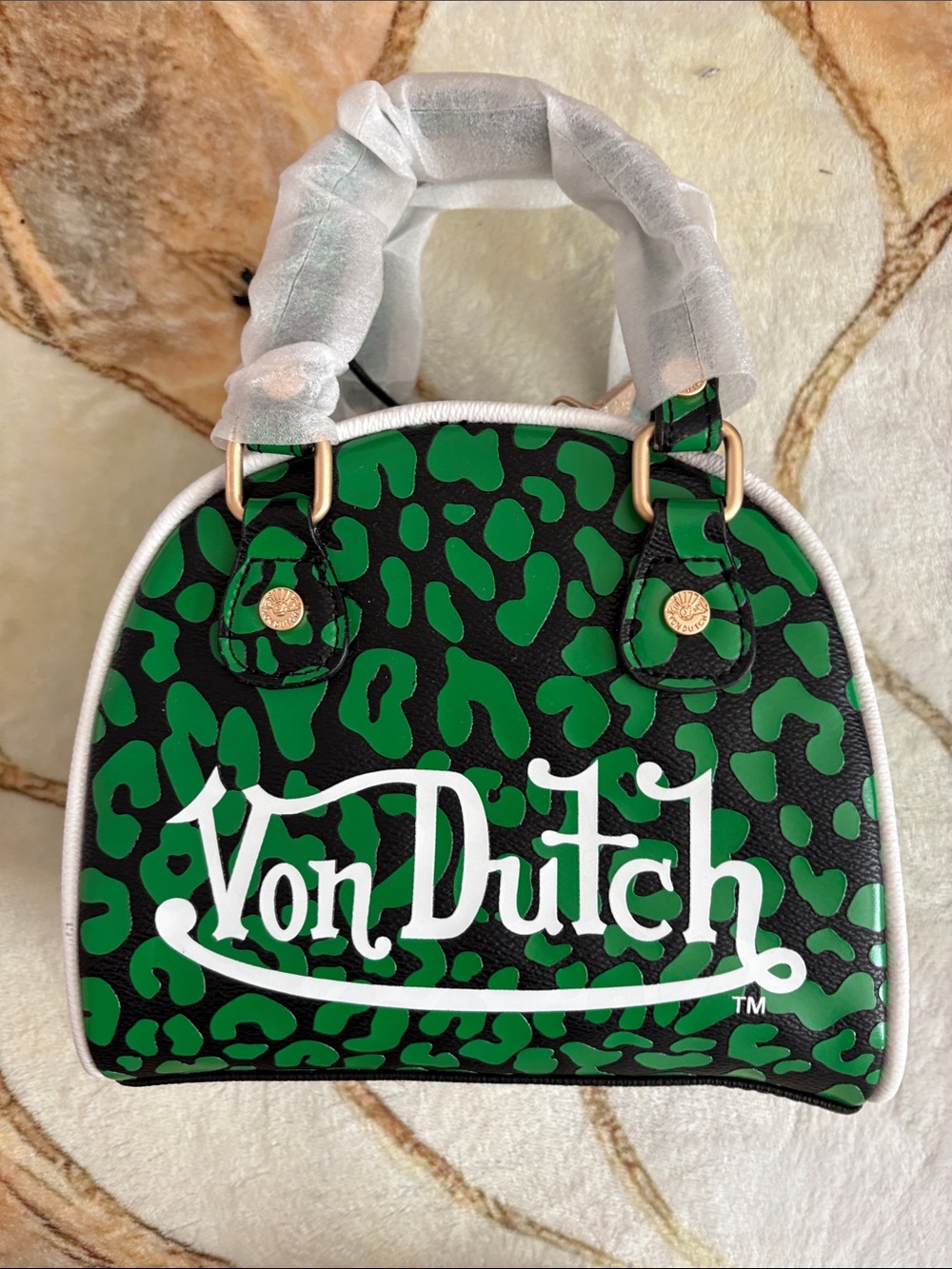 Von Dutch Green and Black Leopard Mini Satchel